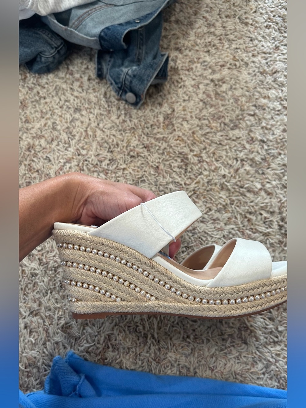 Charles David White Espadrille Wedge Sandals with Pearl Trim
